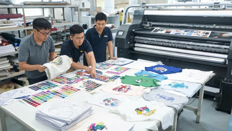 Print shop team reviewing digital printer samples