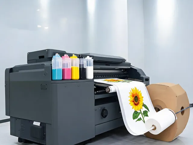 DTF transfer film coming off a professional textile printer