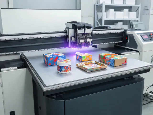 UV flatbed printer marking rigid packaging samples