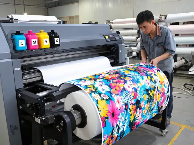 Sublimation printer producing textile graphics on roll media