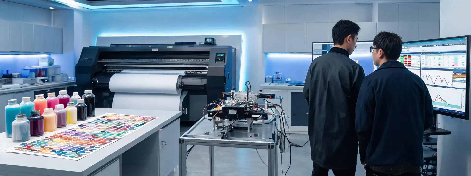 Digital printer research bench with ink channels and calibrated color samples